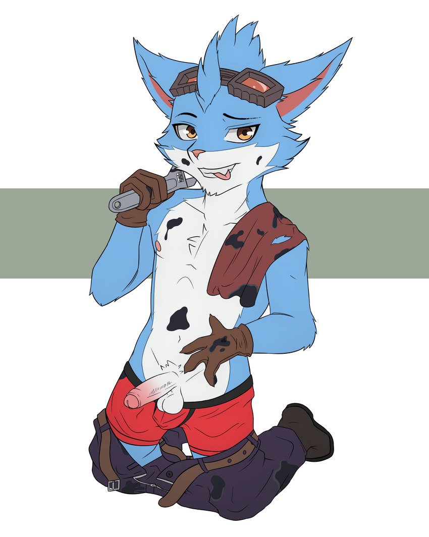 anthro balls bite bottomwear bottomwear_down clothed clothing erection genitals male oil pants pants_down partially_clothed penis solo tongue tongue_bite tools underwear underwear_down wrench thunderlewd league_of_legends riot_games tencent rumble_(lol) yordle absurd_res hi_res