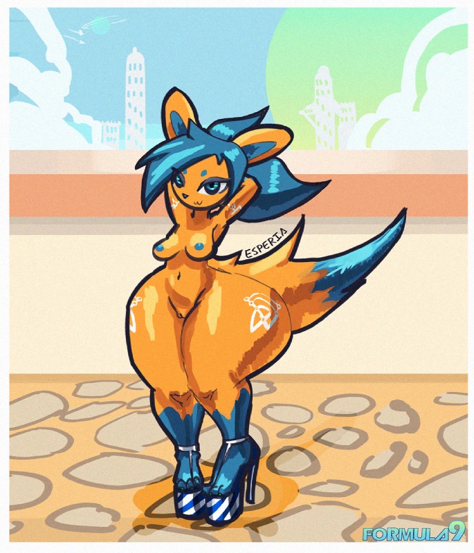 anthro areola biped blue_eyes breasts clothing female footwear fur genitals high_heels looking_at_viewer navel nipples nude orange_body orange_fur outside planet platform_footwear platform_heels pussy shoes short short_stack smile solo thick_thighs towers wide_hips cephei esper_eos canid canine fox hybrid lagomorph leporid mammal rabbit 2017 hi_res