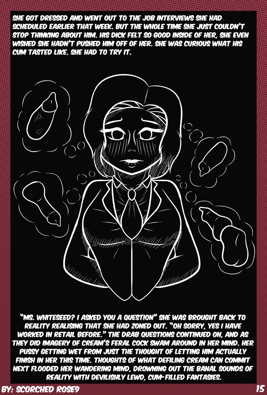 animal_genitalia animal_penis bestiality blush canine_genitalia canine_penis clothing dialogue distracted female feral genitals hair necktie penis short_hair solo story_in_picture suit text thinking thought_bubble scorchedrose9 echo_(cream_filled) human mammal black_and_white comic english_text hi_res monochrome