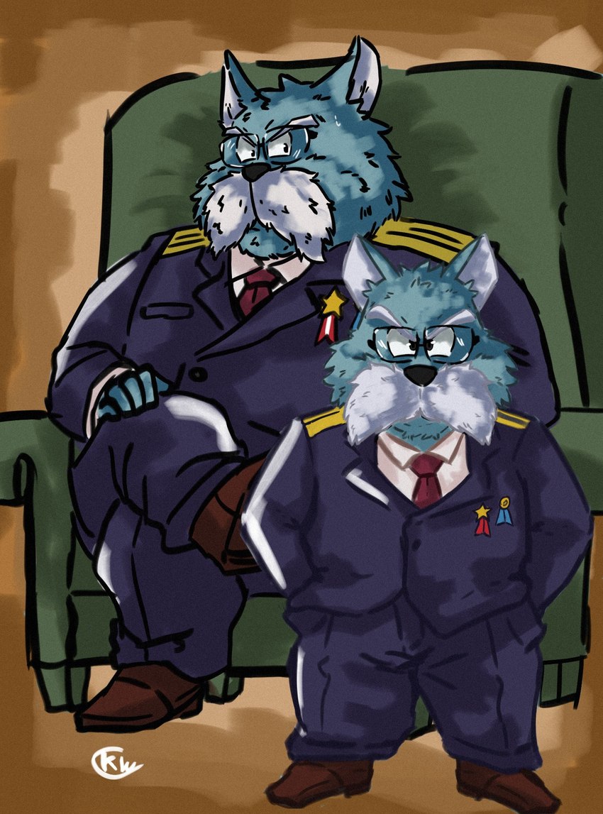 anthro blue_body blue_fur bottomwear clothing eyewear facial_hair fur furniture glasses male mature_male mustache necktie pants shirt sitting sofa solo topwear kerim_will dragon_ball king_furry canid canine canis domestic_dog mammal 2022 hi_res