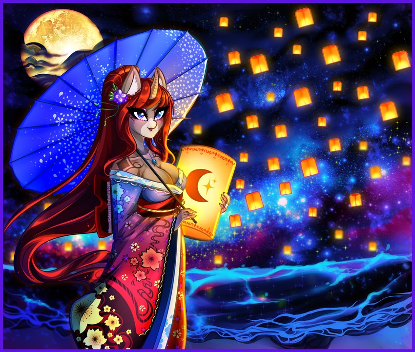 accessory anthro asian_clothing beach blue_border blush border breasts cleavage clothed clothing cloud coat_markings cosmic_background east_asian_clothing female floating flower flower_in_hair flowing_hair flowing_mane full_moon hair hair_accessory holidays horn inner_ear_fluff japanese_clothing jewelry kimono lamp lantern long_hair markings moon necklace paper_lantern plant plantigrade sea seaside sky sky_lantern smile snip_(marking) solo star starry_background starry_sky tuft umbrella wagasa water wave minamikoboyasy chinese_new_year mythology fan_character selune_darkeye equid equine mammal mythological_creature mythological_equine unicorn absurd_res hi_res