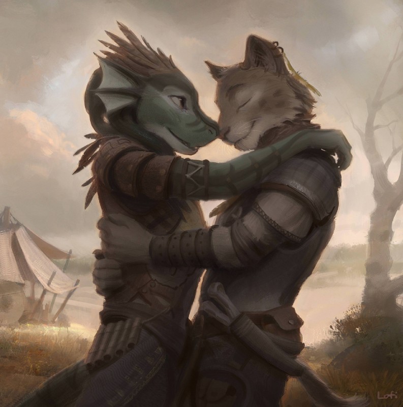 5_fingers anthro armor clothed clothing day detailed_background duo ear_fins ear_piercing eyes_closed feathers fin fingers fully_clothed fur grass green_body hug knife male male/male medieval multicolored_body multicolored_fur musical_instrument nuzzling outside pan_flute piercing pink_nose plant romantic romantic_ambiance romantic_couple smile tail tan_body tan_fur tent tree whiskers white_body white_fur wind_instrument woodwind_instrument lofi dungeons_and_dragons hasbro mythology wizards_of_the_coast arvie_dreadmaw fekkri_talot cougar dragon dragonborn_(dnd) felid feline lizard mammal mythological_creature mythological_scalie reptile scalie tabaxi 2018 digital_media_(artwork) hi_res signature