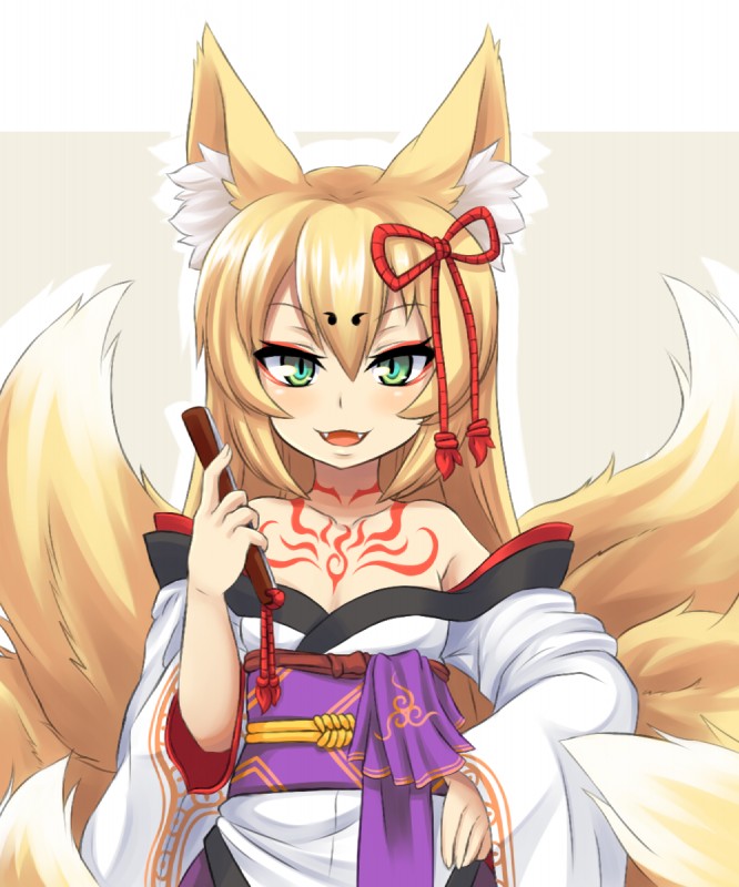 blonde_hair clothed clothing cute_fangs ear_tuft eyeshadow fangs female fingers flat_chested fur green_eyes hair hand_on_hip holding_object looking_at_viewer makeup monster_girl_(genre) multi_tail open_mouth sash simple_background smile solo tail teeth tuft white_body white_fur yellow_body yellow_fur kuron_(artist) monster_girl_quest tamamo animal_humanoid canid canid_humanoid canine canine_humanoid fox fox_humanoid humanoid mammal mammal_humanoid 2018 5:6 digital_media_(artwork) hi_res