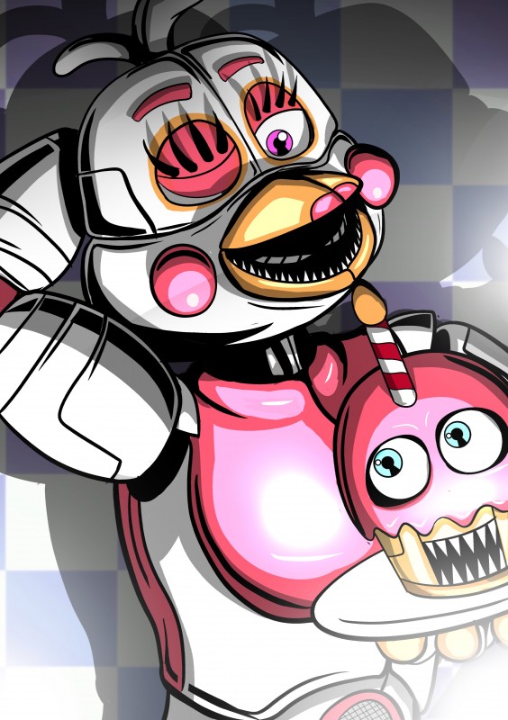 beak machine simple_background shu_20625 five_nights_at_freddy's freddy_fazbear's_pizzeria_simulator scottgames funtime_chica_(fnaf) funtime_cupcake_(fnaf) animatronic avian bird chicken galliform gallus_(genus) mammal phasianid robot 2018 absurd_res digital_media_(artwork) hi_res