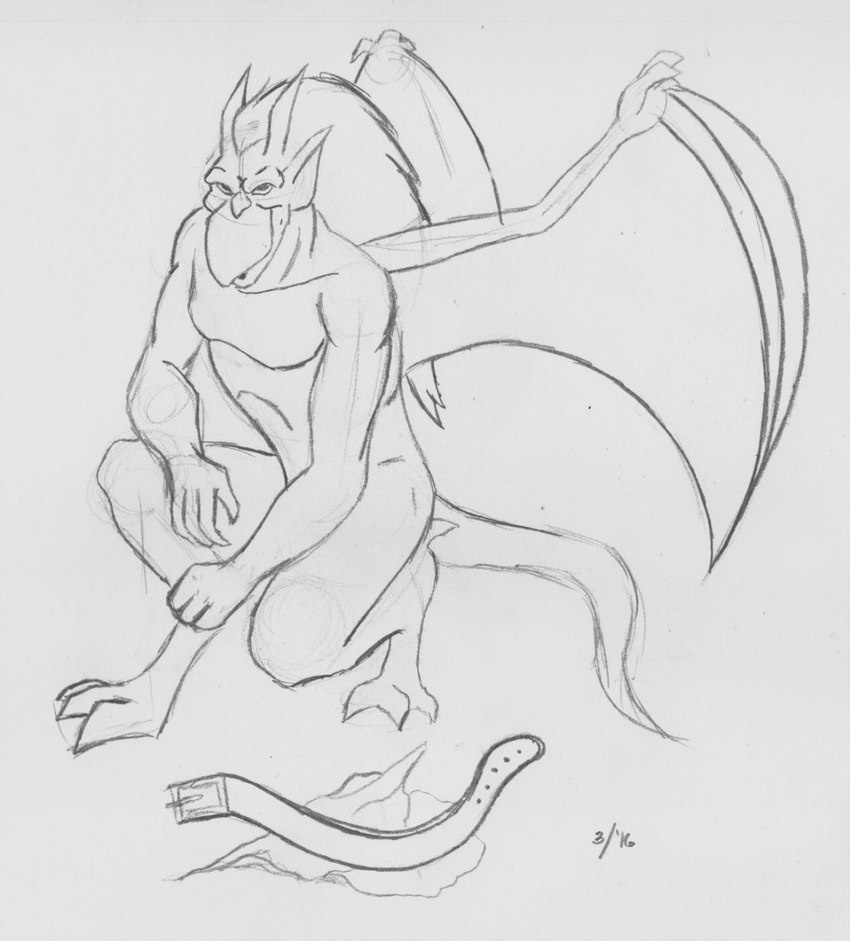 anthro belt bottomwear clothing featureless_chest hair horn humanoid_pointy_ears loincloth male membrane_(anatomy) membranous_wings nude pointy_ears smile solo tail wings reapdri_(artist) disney gargoyles brooklyn_(gargoyles) gargoyle scalie hi_res monochrome traditional_media_(artwork)