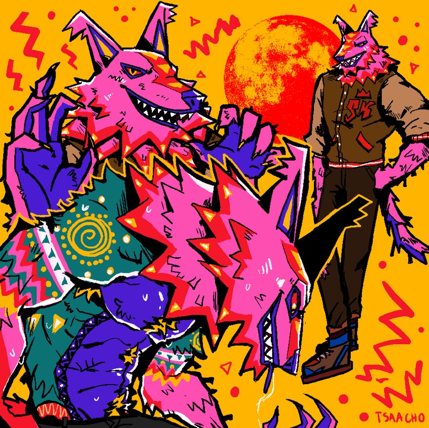 anthro bolt_emanata bottomwear clothed clothing emanata footwear fur hand_on_hip jacket letterman_jacket looking_at_viewer male moon multiple_poses pants pink_body pink_fur pose shoes simple_background solo teeth tongue tongue_out topless topless_male topwear yellow_background tsaacho epic_games fortnite andy_fangerson alebrije canid canine canis mammal wolf 2024 absurd_res hi_res signature