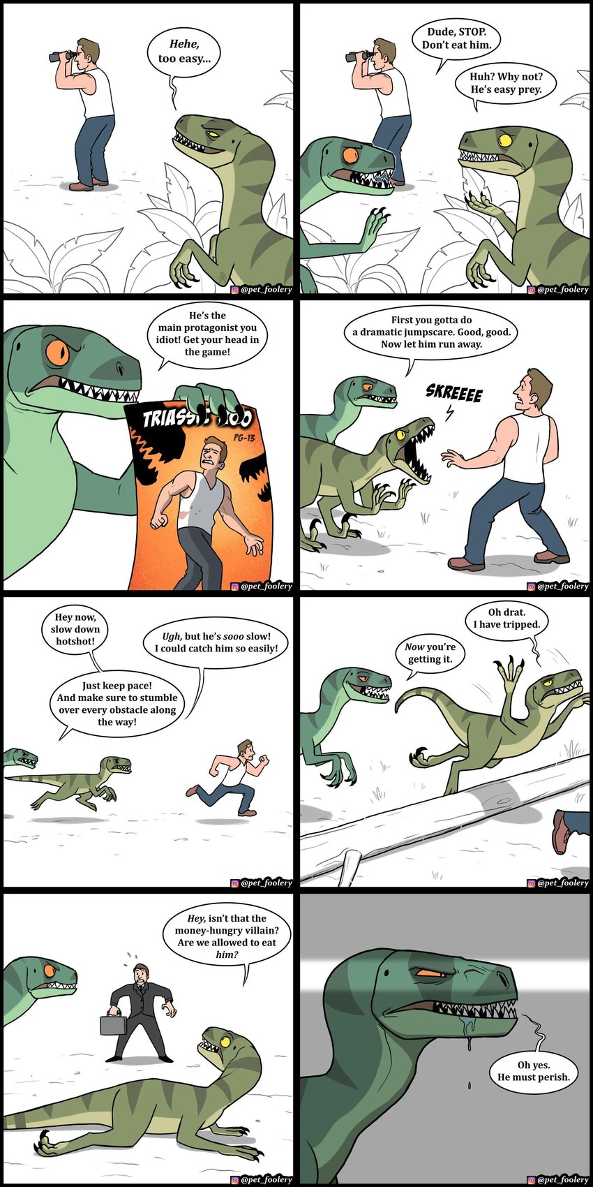 ambiguous_gender binoculars bodily_fluids clothed clothing dialogue drooling feral saliva sharp_teeth simple_background suit teeth text white_background pet_foolery dinosaur dromaeosaurid human mammal prehistoric_species reptile scalie theropod velociraptor 1:2 absurd_res comic english_text hi_res