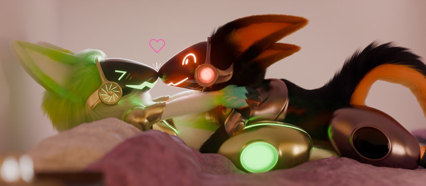 >w< ^w^ anthro armor bed black_body black_fur boop cuddling duo fur furniture glowing glowing_eyes green_body green_fur heart_symbol laying_on_another lying machine male male/male nose_boop on_another on_another's_belly on_back on_bed on_bedding on_front orange_body orange_fur pillow protogen_armor protogen_face protogen_visor romantic romantic_couple tail visor white_body white_fur anyol blender_cycles anyol_(anyol) cygro_(cygro) protogen 3d_(artwork) blender_(artwork) digital_media_(artwork) hi_res