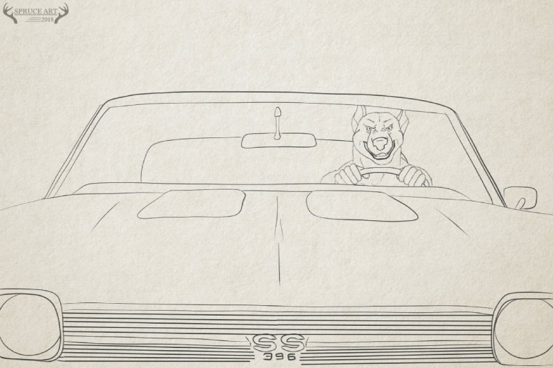 anthro biped car driving grey_background grin inside_car inside_vehicle iris looking_at_viewer male pupils simple_background smile snout solo teeth vehicle sprucethedeer chevrolet vincent_(hurst) canid canine canis domestic_dog mammal 2018 greyscale monochrome traditional_media_(artwork)