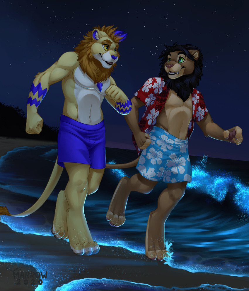 anthro beach clothing duo male night outside seaside sky swimming_trunks swimwear tidal_wave chibi-marrow dexterlion felid lion mammal pantherine