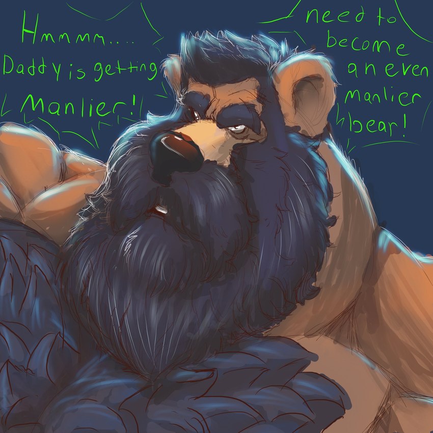 anthro barazoku beard biceps big_beard big_biceps big_mustache big_neck big_nose big_tuft black_beard black_eyebrows black_eyes black_facial_hair black_mustache black_nose black_tuft brown_arms brown_body brown_chest brown_ears brown_face brown_fur brown_neck chest_tuft clothed clothing countershade_face countershading daddy_kink daddyfication dialogue ellipsis exclamation_point eyebrows facial_hair fur green_text hairy huge_beard huge_mustache male manly mature_anthro mature_male muscular muscular_anthro muscular_arms muscular_male mustache simple_background solo tan_face teeth text thick_arms thick_eyebrows topless topless_anthro topless_male tuft two_tone_face pokenerd8 bear brown_bear grizzly_bear mammal ursine 1:1 2023 bust_portrait digital_drawing_(artwork) digital_media_(artwork) english_text hi_res portrait