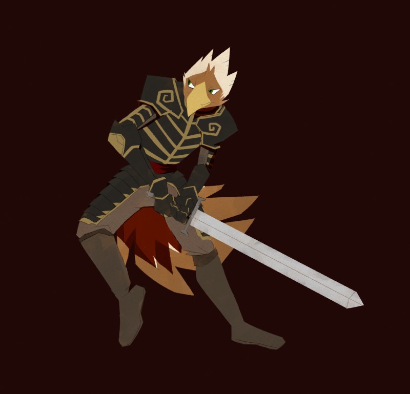 4_fingers anthro armor beak boots bottomwear brown_background brown_body brown_feathers clothed clothing feathers fingers footwear front_view fully_clothed gauntlets gloves green_eyes handwear holding_melee_weapon holding_object holding_sword holding_weapon looking_aside melee_weapon pants plate_armor shoes simple_background solo sword tan_body tan_feathers weapon lost_shade mythology turz avian gryphon mythological_avian mythological_creature hi_res