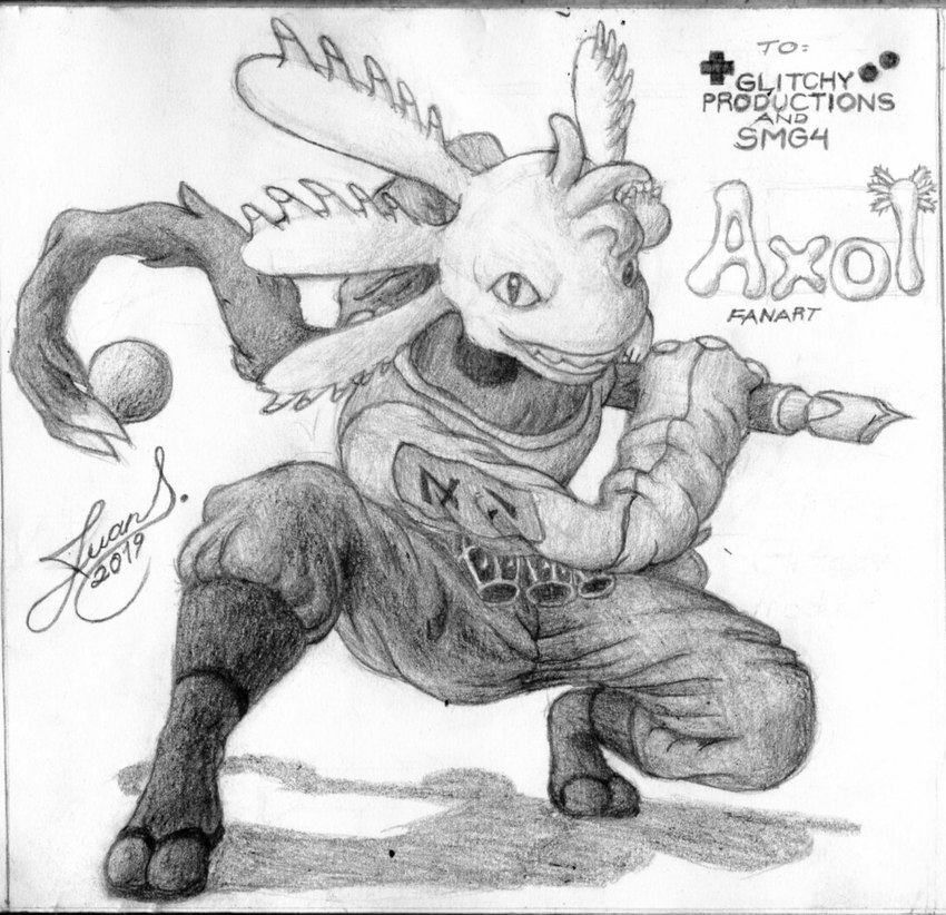 anthro clothed clothing crouching looking_at_viewer male shadow smile solo staff teeth text jsdrawitz glitch_productions smg4 axol amphibian axolotl marine mole_salamander salamander 2019 english_text graphite_(artwork) hi_res monochrome traditional_media_(artwork)