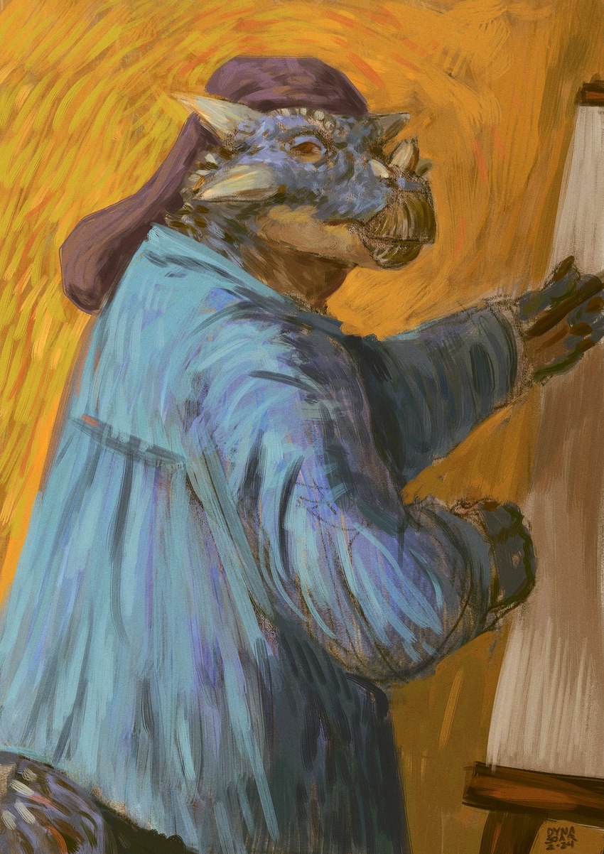 ambiguous_gender anthro artist barretina beak blouse blue_body blue_clothing blue_scales brush canvas claws clothing easel expressionism facial_horn hat headgear headwear holding_brush holding_object horn impressionist_background left-handed long_hat looking_away looking_back nose_horn orange_background phrygian_cap purple_clothing purple_hat purple_headwear scales self_portrait side_view simple_background smock solo spikes spikes_(anatomy) standing tail topwear yellow_background dyna_soar dyna_soar_(dyna_soar) ankylosaurian ankylosaurid dinosaur ornithischian prehistoric_species reptile scalie thyreophoran 2024 digital_media_(artwork) digital_painting_(artwork) guide_lines hi_res portrait signature three-quarter_portrait