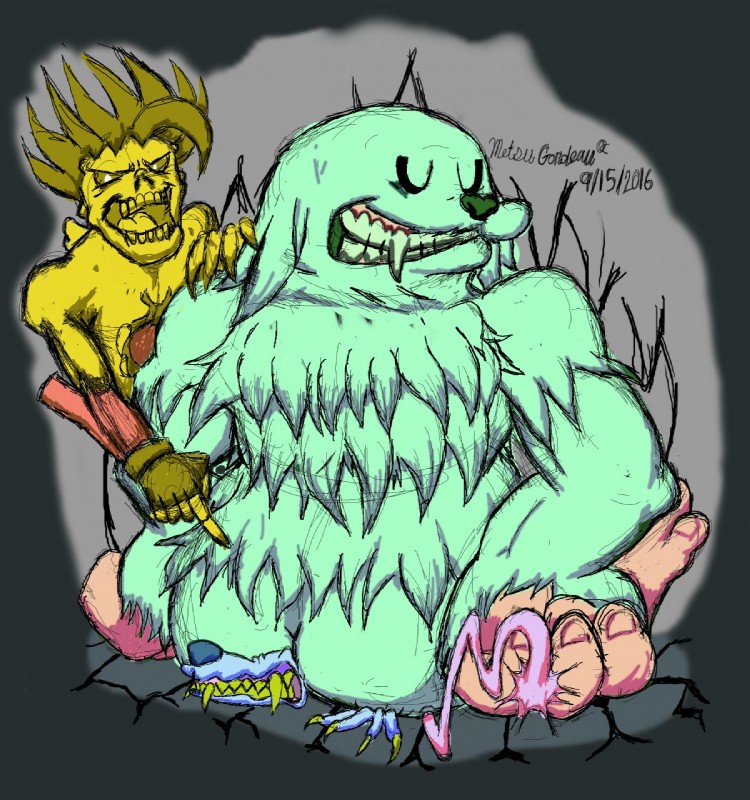 blue_body blue_fur butt claws duo facesitting fangs fur gesture green_body green_fur grin hand_gesture humiliation humor laugh pain pink_body pink_fur pointing sitting sitting_on sitting_on_another slightly_chubby smile teeth yellow_body yellow_claws messatsugoufox capcom darkstalkers mythology felicia_(darkstalkers) jon_talbain lord_raptor sasquatch_(darkstalkers) animal_humanoid canid canine felid felid_humanoid feline feline_humanoid humanoid mammal mammal_humanoid mythological_canine mythological_creature sasquatch undead werecanid werecanine werecreature werewolf zombie hi_res