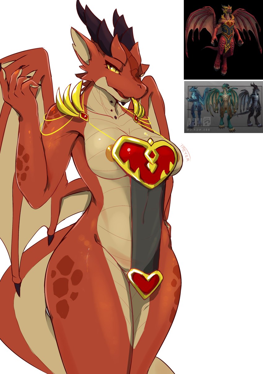 anthro areola breasts claws female horn looking_at_viewer membrane_(anatomy) membranous_wings non-mammal_breasts simple_background solo tail wings treyer blizzard_entertainment european_mythology mythology warcraft dracthyr dragon mythological_creature mythological_scalie scalie western_dragon absurd_res hi_res