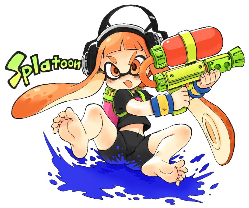 5_toes barefoot blush bottomwear clothed clothing feet female hair humanoid_feet midriff orange_eyes orange_hair plantigrade pseudo_hair shirt shorts simple_background soles solo spandex spandex_shorts splattershot suction_cup tentacle_hair tentacles tight_bottomwear tight_clothing tight_shorts toes topwear white_background oyatsu nintendo splatoon inkling_girl animal_humanoid cephalopod cephalopod_humanoid humanoid inkling marine marine_humanoid mollusk mollusk_humanoid 2014