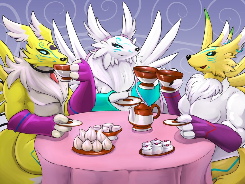 clothing ear_piercing ear_ring food furniture gloves group handwear jewelry markings necklace pastry piercing ribbons ring_piercing runes shirt table tea_party teapot tomoe_(symbol) topwear heart-of-a-dragoness bandai_namco digimon jade_xaryu lars_the_renamon digimon_(species) renamon_x x-digimon 4:3 absurd_res hi_res