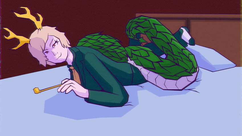 antlers bed bedding furniture horn looking_at_viewer lying not_furry pipe shell smile smoking_pipe hot_knives eastern_mythology mythology touhou yachie_kicchou dragon humanoid jidiao mythological_creature mythological_scalie reptile scalie turtle 16:9 hi_res widescreen