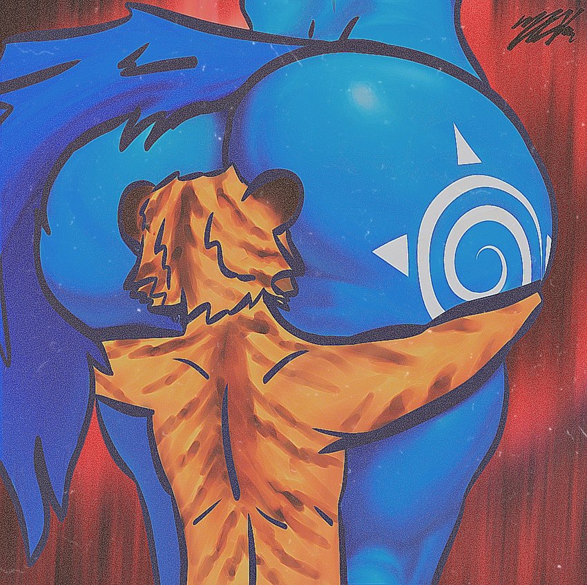 anthro big_butt blue_body butt duo face_in_ass female hug huge_butt hugging_another hugging_butt male male/female orange_body rear_view size_difference stripes tail tattoo zak898 nintendo star_fox krystal_(star_fox) zack_(zak898) canid canine felid fox mammal pantherine tiger digital_media_(artwork)