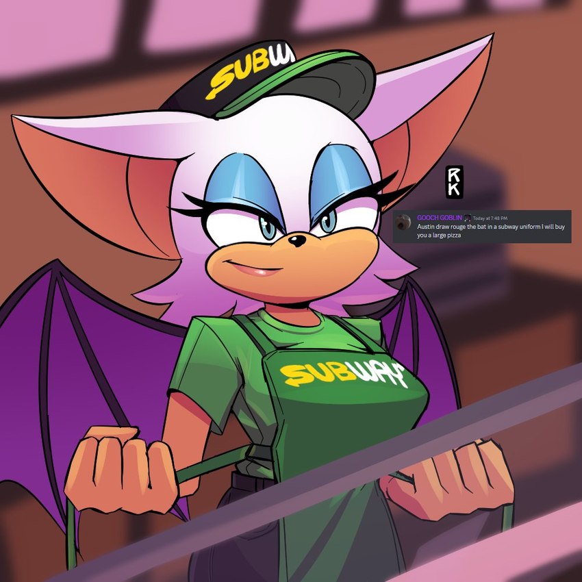 5_fingers anthro apron breasts clothing eyeshadow female fingers fur hat headgear headwear lipstick makeup membrane_(anatomy) membranous_wings narrowed_eyes simple_background solo tan_body tan_skin white_body white_fur wings rkzero10 sega sonic_the_hedgehog_(series) subway_(restaurant) rouge_the_bat bat mammal 1:1 crossover signature