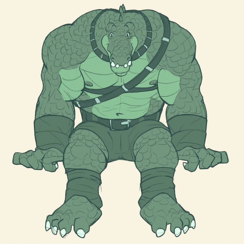 barbarian clothed clothing feet fingers looking_at_viewer male muscular muscular_male ramp_doodles scales sitting thick_thighs toes rickleone alligator alligatorid crocodilian reptile scalie 1:1