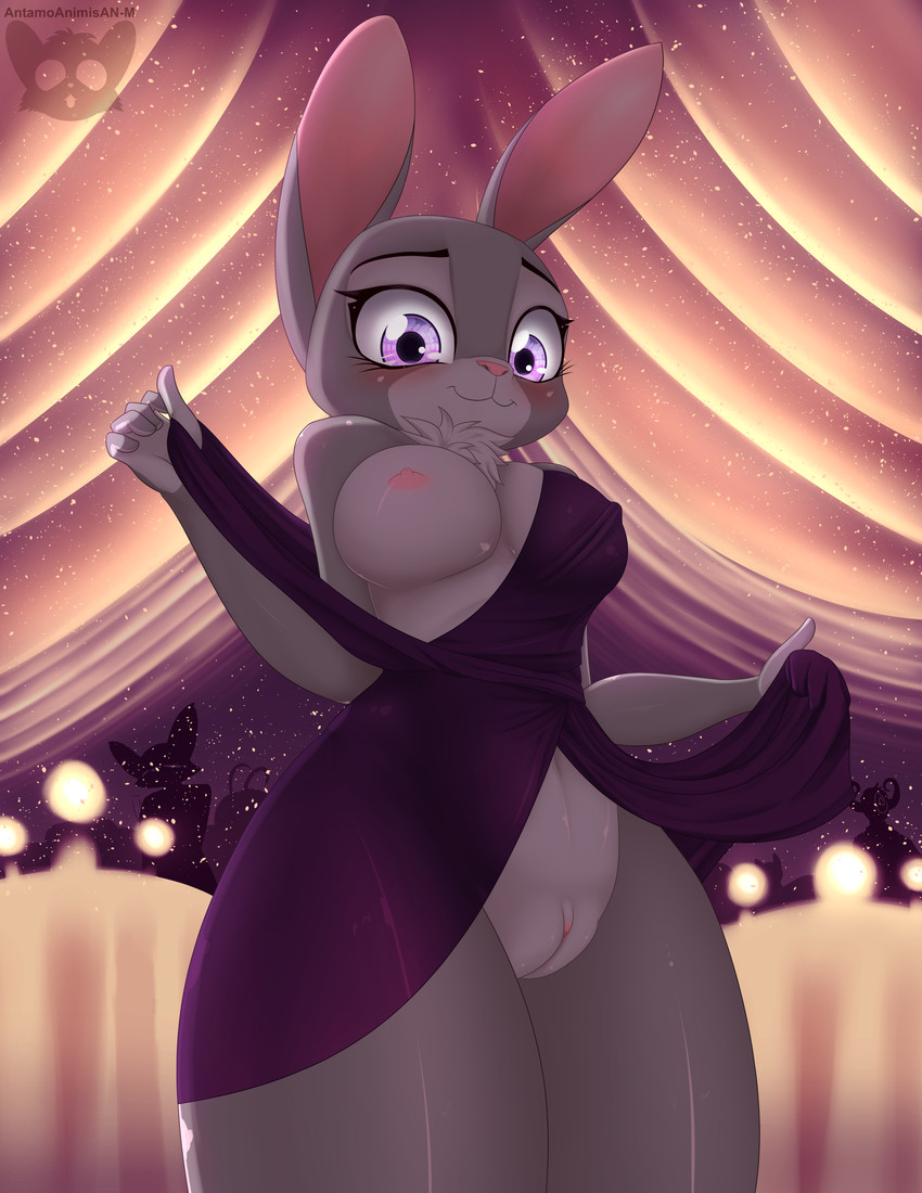 anthro blush breasts clitoris clothed clothing dress exposed_breasts female fur genitals looking_at_viewer looking_down multicolored_body multicolored_fur navel nipples purple_eyes pussy smile solo thick_thighs under_boob wide_hipped_female wide_hips an-m disney zootopia judy_hopps lagomorph leporid mammal rabbit absurd_res hi_res