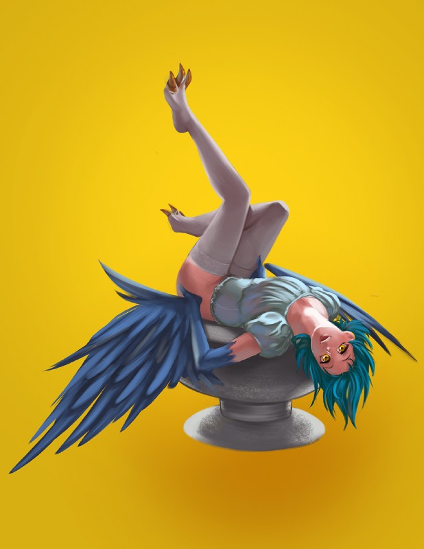 amber_eyes animal_legs avian_feet birdbath blue_body blue_feathers blue_hair blue_wings bottomless claws clothed clothing feathered_wings feathers feet female hair legwear looking_at_viewer lying monster_girl_(genre) on_back shirt simple_background smile solo stockings talons thigh_highs toe_claws toes topwear winged_arms wings yellow_background yellow_eyes voodoothur european_mythology greek_mythology monster_musume mythology papi_(monster_musume) animal_humanoid avian harpy humanoid mythological_avian mythological_creature 2015 hi_res