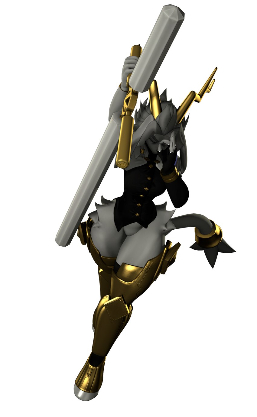 2_horns 5_fingers anthro antlers armor armwear black_clothing bottomless bottomless_anthro bottomless_female bracelet button_(fastener) clothed clothing cross crossed_legs dream_breaker_(pseudoregalia) elbow_gloves eyes_closed female female_anthro fingerless_gloves fingers floppy_ears fur gesture gloves gold_(metal) gold_jewelry grey_body grey_fur grey_hair hair hand_gesture hand_to_face handwear hip_tuft holding_object holding_weapon hooves horn jewelry long_ears looking_away lop_ears medium_hair monotone_body monotone_fur ok_sign pose raised_arm simple_background solo standing tail thick_thighs topwear tuft unguligrade unguligrade_anthro vest weapon white_background wide_hips yellow_antlers turborenegade pseudoregalia warfare_machine sybil_(pseudoregalia) warfare_sybil hybrid jackalope lagomorph mammal 2024 3d_(artwork) digital_media_(artwork) hi_res source_filmmaker_(artwork)