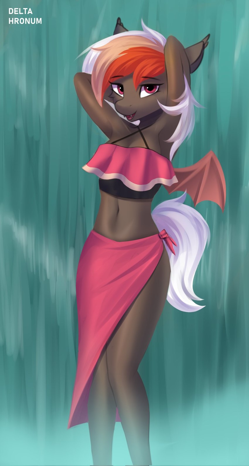 anthro bat_wings breasts brown_body brown_fur clothing dress ear_tuft eyebrows fangs female fur hair looking_at_viewer membrane_(anatomy) membranous_wings multicolored_hair navel open_mouth open_smile red_eyes smile solo standing tail tan_hair teeth tuft water waterfall white_hair white_tail wings delta_hronum hasbro my_little_pony fan_character bat_pony equid mammal digital_media_(artwork) hi_res signature