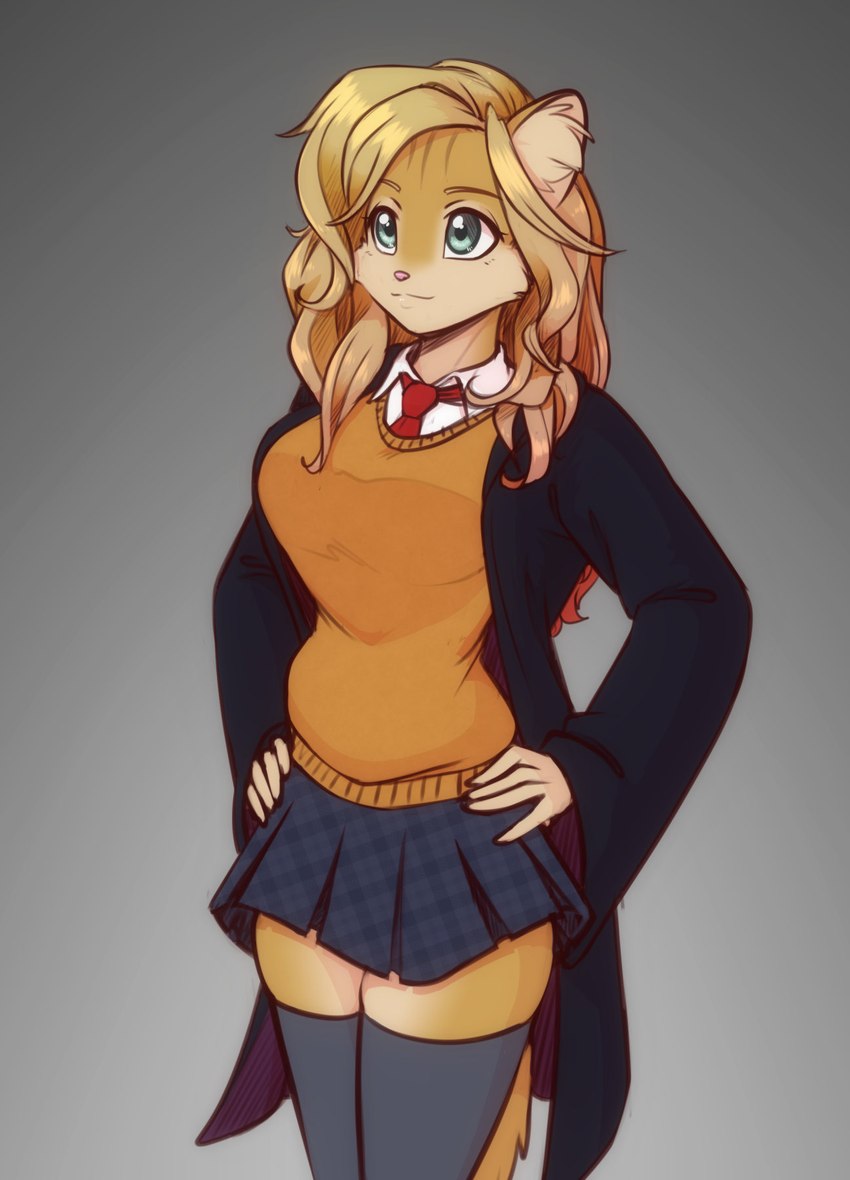 absolute_territory alternate_species anthro blonde_hair bottomwear breasts cheek_tuft clothed clothing coat eyebrows facial_tuft female fully_clothed furrification gradient_background green_eyes grey_background gryffindor hair hands_on_hips hogwarts_uniform inner_ear_fluff legwear long_hair miniskirt necktie school_uniform simple_background skirt solo sweater thigh_highs topwear tuft uniform scorpdk harry_potter_(series) hermione_granger felid mammal 2022 hi_res portrait three-quarter_portrait