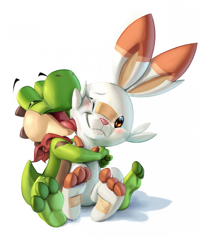 3_toes ambiguous_gender anthro barefoot blush clothing duo face_lick feet hindpaw hug hugging_another hugging_from_behind kerchief licking paws semi-anthro simple_background soles toes tongue tongue_out lewdango mario_bros nintendo pokemon nathan_(yoshi) generation_8_pokemon green_yoshi lagomorph mammal pokemon_(species) scorbunny yoshi 2019 hi_res