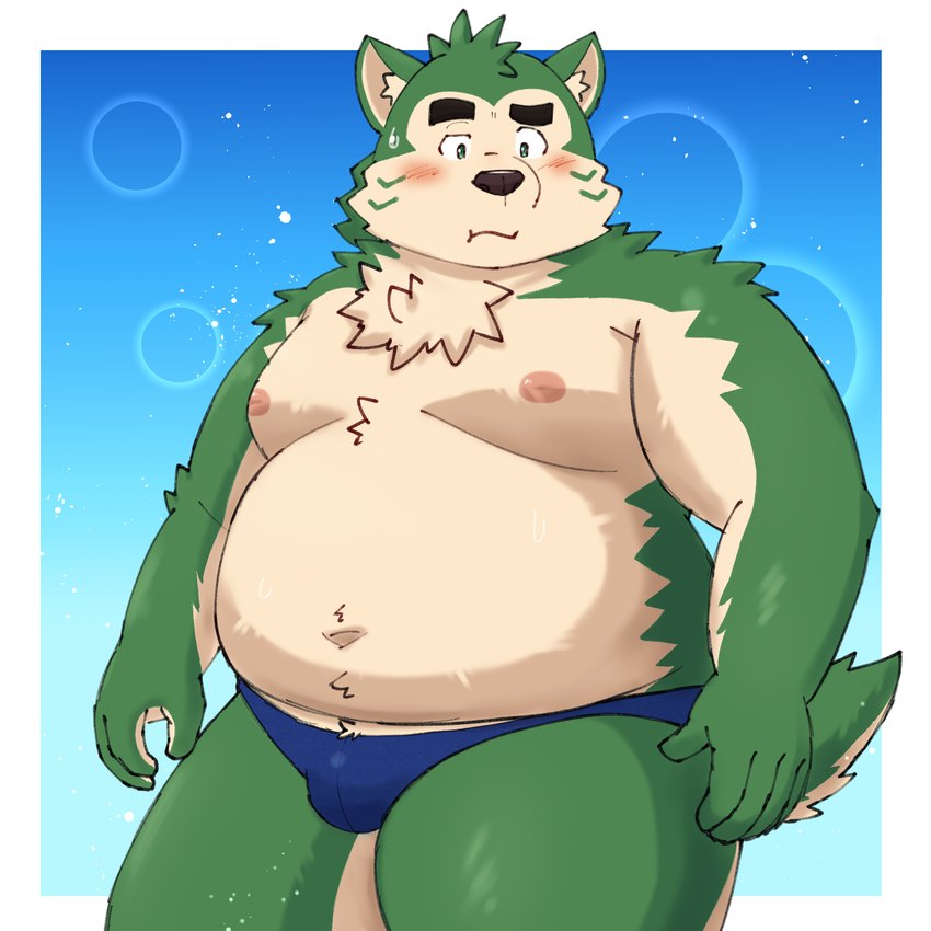 anthro belly big_belly black_nose blush bulge clothing green_body humanoid_hands kemono male moobs navel nipples overweight overweight_male solo underwear yaki_atsuage lifewonders live_a_hero mokdai canid canine canis domestic_dog mammal 1:1 2023 hi_res