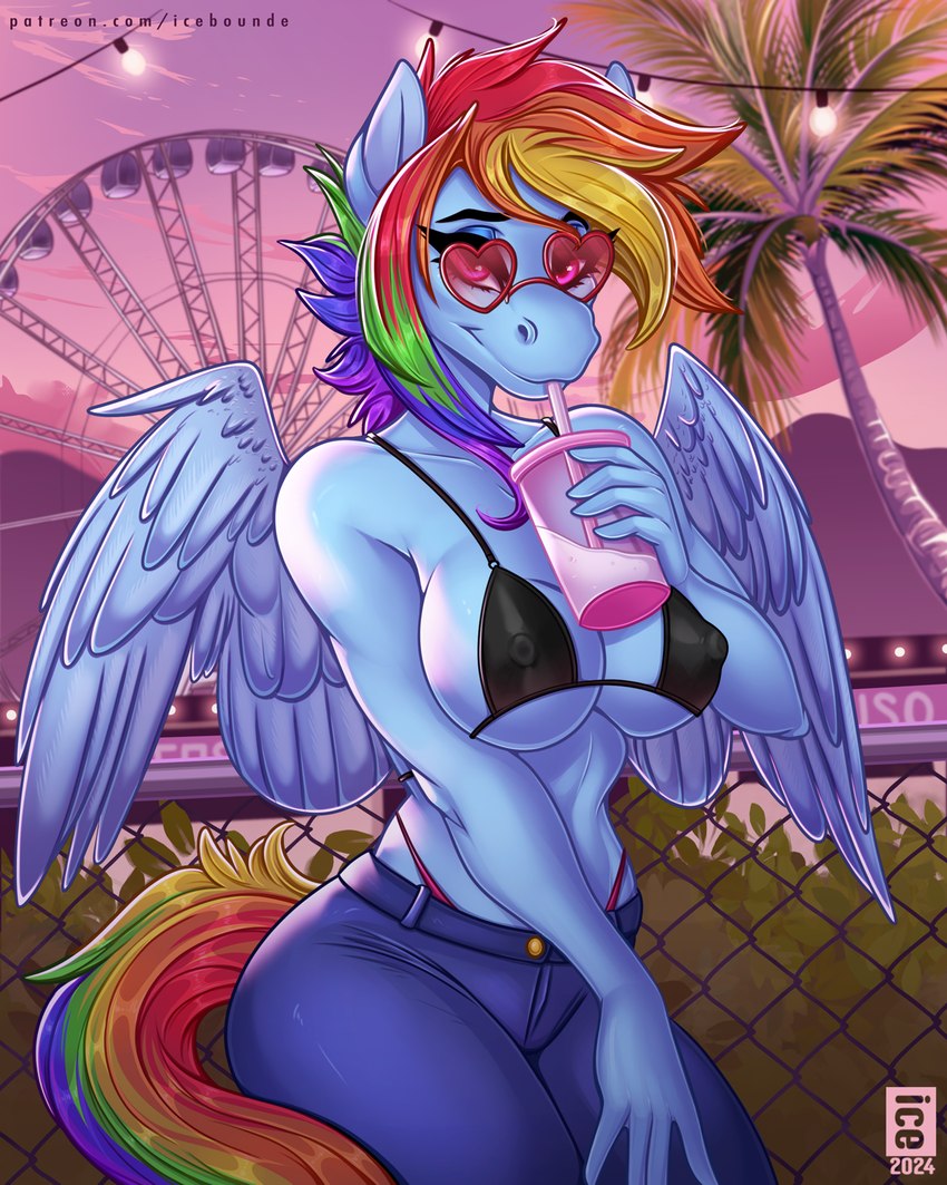 amusement_ride anthro anthrofied big_breasts black_bra black_clothing black_underwear blue_body blue_bottomwear blue_clothing blue_feathers blue_fur blue_jeans blue_pants bottomwear bra breasts chain-link_fence clothed clothing cutie_mark denim denim_bottomwear denim_clothing eyewear feathered_wings feathers female fence ferris_wheel festival fur glasses hair heart_glasses heart_sunglasses jeans looking_at_viewer multicolored_hair multicolored_tail palm_tree pants pink_eyes plant rainbow_hair rainbow_tail shrub solo tail tinted_glasses tree underwear wings icebounde friendship_is_magic hasbro my_little_pony mythology fan_character rainbow_dash_(mlp) equid equine horse mammal mythological_creature mythological_equine pegasus pony 4:5 hi_res