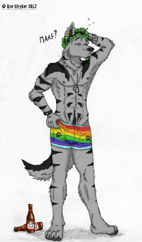 alcohol anthro athletic athletic_anthro athletic_male beer beverage boxer_briefs clothing dog_tags ear_piercing food green_eyes male multicolored_clothing multicolored_underwear piercing rainbow rainbow_clothing rainbow_underwear solo tail underwear ace_stryker canid canine canis mammal wolf 2012 hi_res