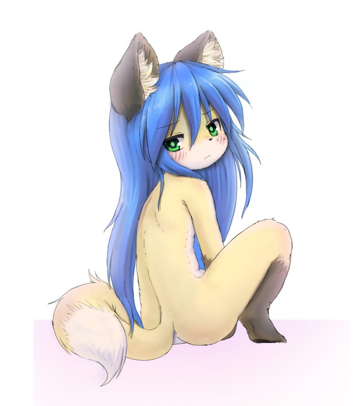 alternate_species anthro blue_hair blush butt female fur furrification green_eyes hair kemono loli long_hair looking_at_viewer looking_back nude rear_view sitting solo yellow_body yellow_fur young young_anthro mcsadat lucky_star konata_izumi canid canine fox mammal hi_res adult_(lore)