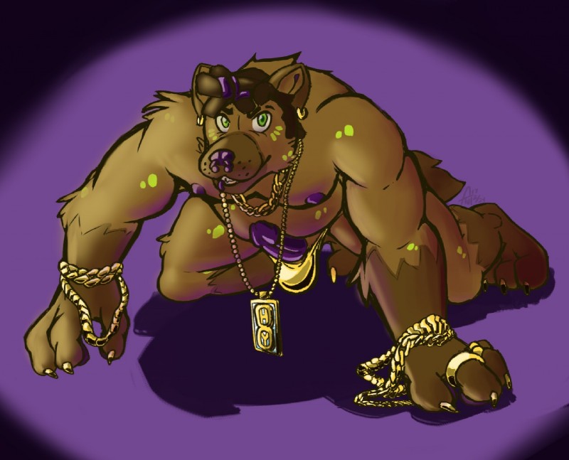 all_fours anthro bling bracelet brown_body brown_fur crawling erection facial_piercing fur genitals green_eyes humanoid_genitalia humanoid_penis jewelry looking_at_viewer male necklace nipples nose_piercing nude penis piercing purple_background purple_nose purple_penis ring simple_background slightly_chubby solo tamryncheetah hy_eight hyena mammal spotted_hyena 2017