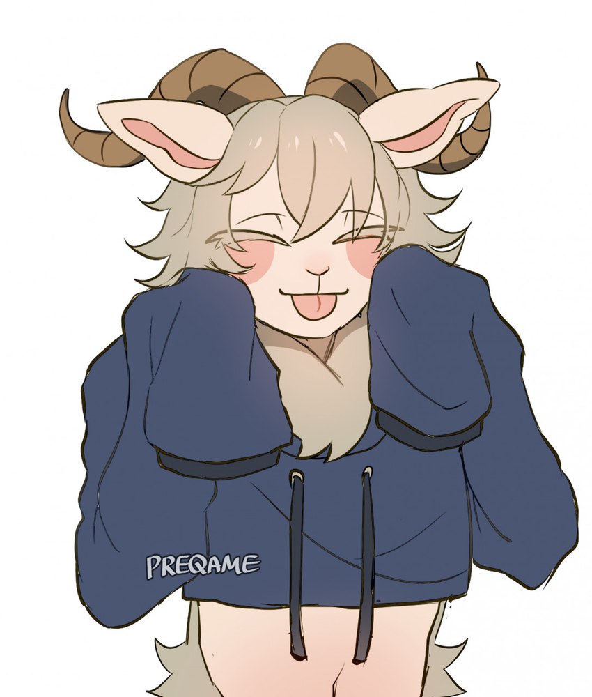 anthro belly blep blush chest_tuft clothing crop_top eyelashes eyes_closed hoodie horn long_eyelashes male oversized_clothing pink_belly sheep_horns shirt simple_background solo tan_body tongue tongue_out topwear tuft white_background preqame beastars pina_(beastars) bovid caprine dall_sheep mammal sheep half-length_portrait hi_res portrait signature watermark