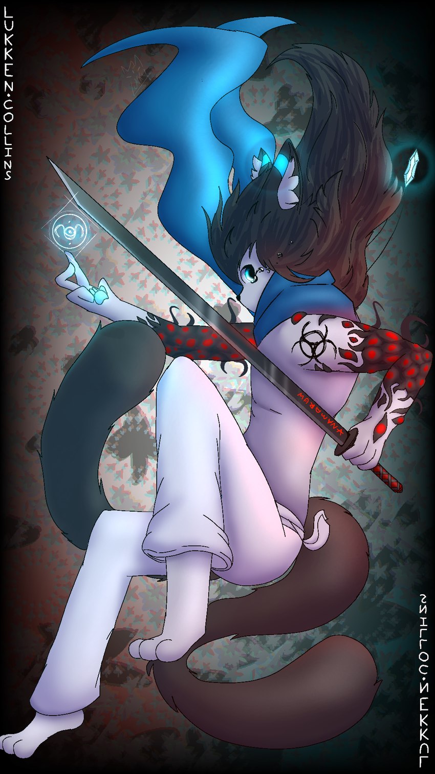 anthro arm_tattoo black_hair black_tail blue_eyes blue_pawpads blue_scarf casting_spell falling fur grey_body grey_fur hair holding_object holding_weapon katana looking_at_viewer magic magic_user male melee_weapon muramasa pawpads scarf shoulder_tattoo simple_background solo sword tail tattoo tentacle_on_arm weapon lukkylk lukken_collins canid canine canis domestic_dog mammal 9:16 hi_res