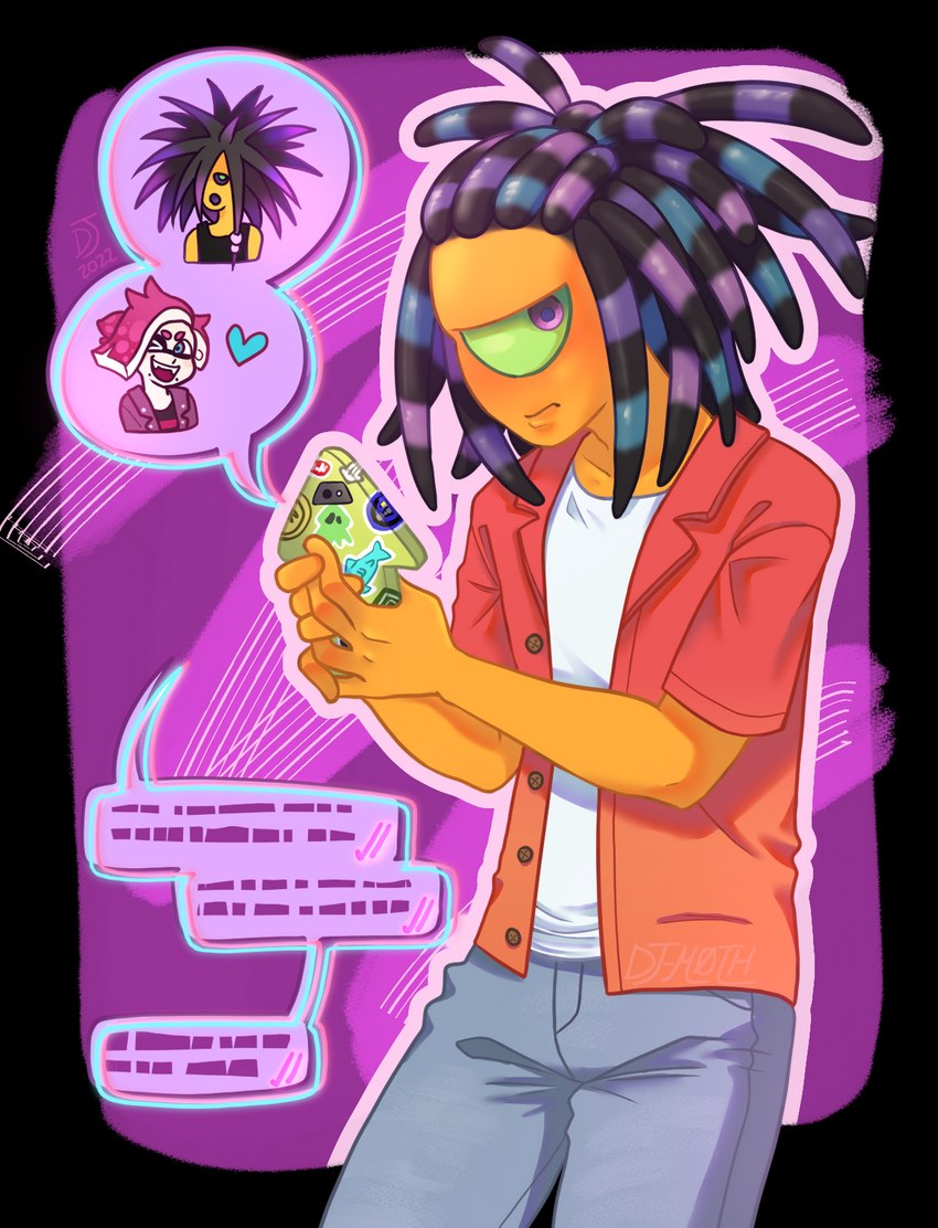 1_eye anthro bottomwear clothing dreadlocks electronics green_sclera hair heart_symbol male one_eye_closed orange_body pants phone pseudo_hair purple_eyes shirt short_sleeves speech_bubble spiky_hair tentacle_hair tentacles texting topwear undershirt wink dj_m0th nintendo splatoon murch_(splatoon) spyke_(splatoon) animal_humanoid cephalopod cephalopod_humanoid echinoderm echinozoan humanoid inkling marine marine_humanoid mollusk mollusk_humanoid sea_urchin alpha_channel hi_res