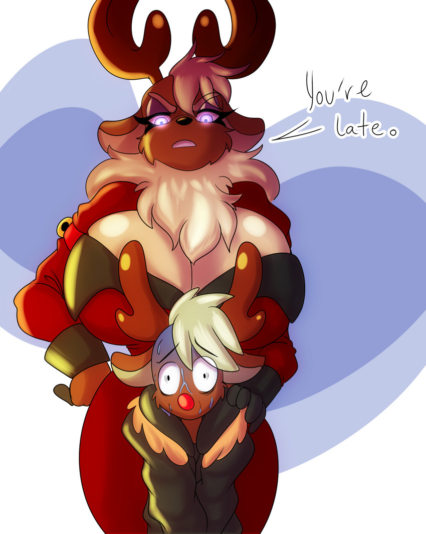 anthro antlers bell big_breasts bodily_fluids breasts cleavage clothed clothing dialogue duo female glowing glowing_eyes horn huge_breasts male red_nose sweat text wide_hips worried solratic rudolph_the_red-nosed_reindeer vixen_(reindeer) deer mammal new_world_deer reindeer english_text hi_res