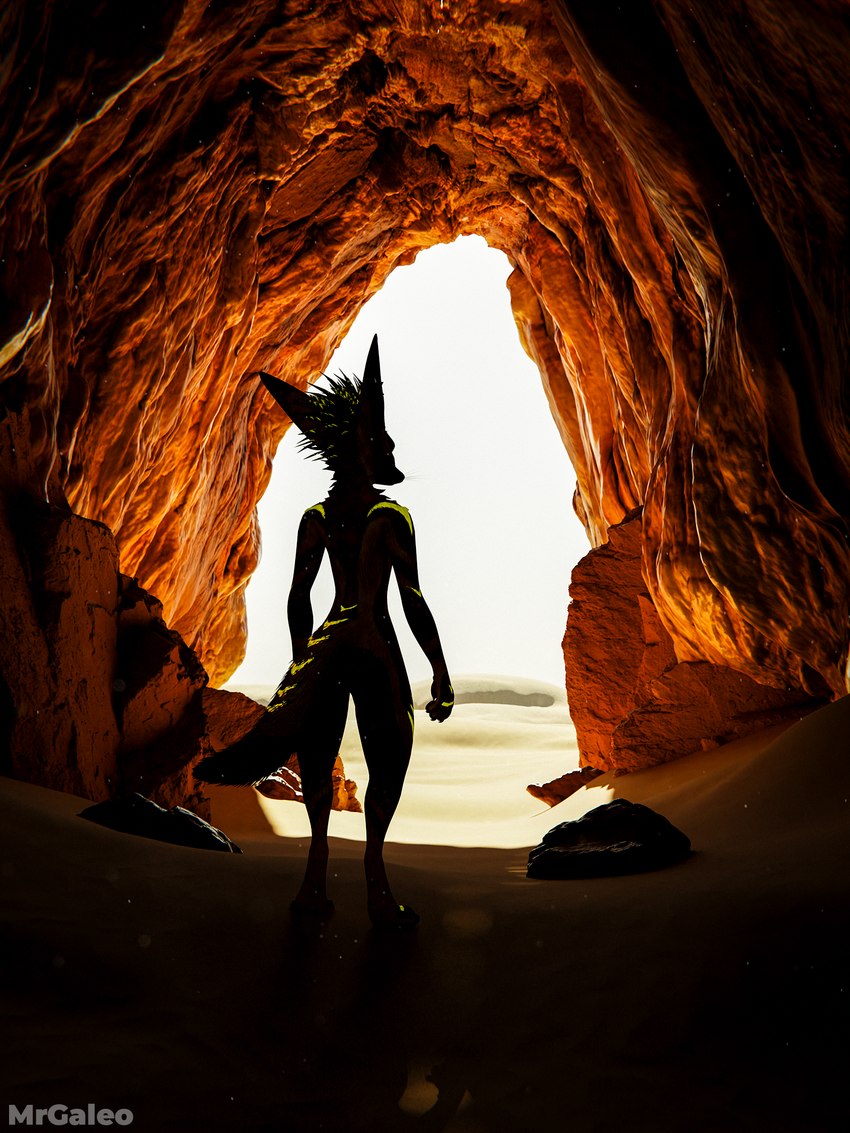 anthro cave desert detailed_background dunes feathers fur male outside rock sand sky solo tail mrgaleo mammal rexouium 3:4 3d_(artwork) blender_(artwork) digital_media_(artwork) hi_res widescreen