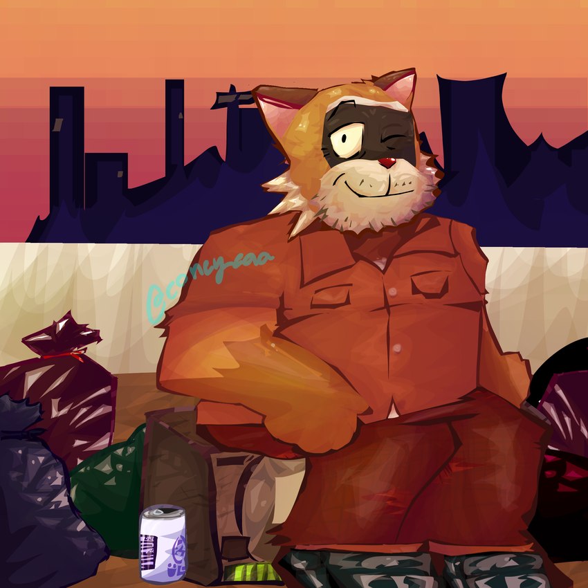 anthro belly belly_peeking_out beverage_can boombox bottomwear city city_background clothing denim denim_bottomwear denim_clothing dirty dress_shirt facial_hair fence footwear jeans looking_at_viewer male moobs mustache no_socks one_eye_closed pants red_nose scratches shirt shirt_pocket shoes sitting sitting_on_object smile smiling_at_viewer solo stubble sunset topwear torn_bottomwear torn_clothing torn_jeans torn_pants trash trash_bag twilight wink winking_at_viewer wrinkles_in_clothes coneyeaa robot_dreams rascal_(robot_dreams) mammal procyonid raccoon 1:1 2024 hi_res signature