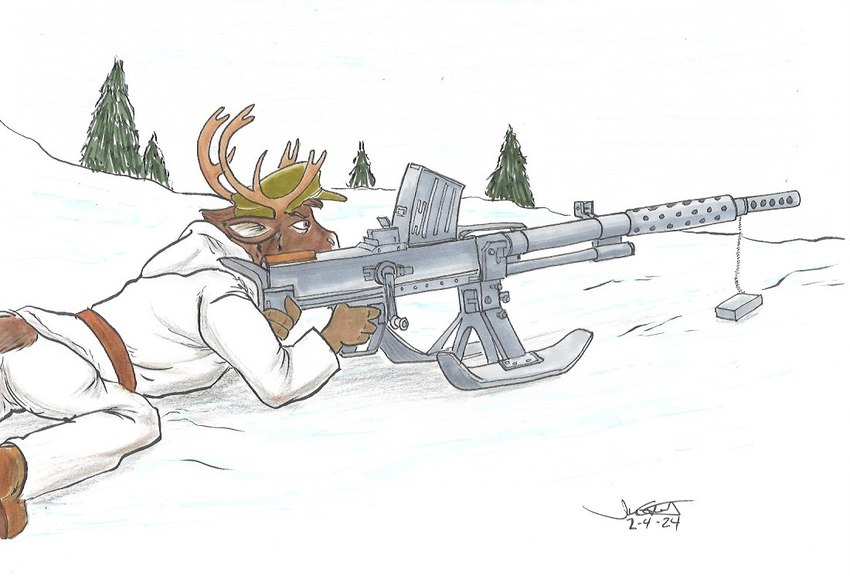 anthro antlers barefoot brown_body brown_eyes clothed clothing feet finland gun hat headgear headwear holding_gun holding_object holding_ranged_weapon holding_rifle holding_weapon horn lahti_l-39 lying male on_front outside plant ranged_weapon rifle solo tree weapon white_clothing winter rabbi-tom maarku_(rabbi-tom) deer mammal new_world_deer reindeer 2024