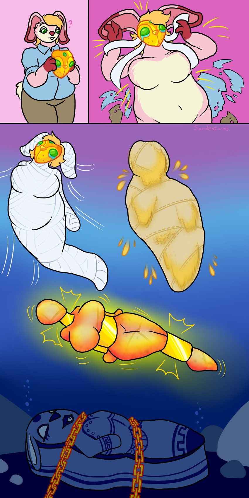 anthro bdsm big_breasts bondage bondage_sequence bound breasts chain chained clothing coffin countershading cuff_(restraint) eyelashes female fur glue gold_(metal) green_eyes hair jewelry layered_bondage magic mask mummification navel orange_hair pink_body pink_fur predicament_bondage resin restraints sarcophagus self-bondage shackles slightly_chubby snout solo squeezing torn_clothing underwater water sandentwins lagomorph leporid mammal rabbit 1:2 absurd_res comic hi_res sequence