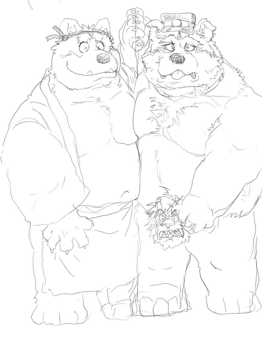 anthro clothing duo hat headgear headwear humanoid_hands kemono male moobs navel overweight overweight_male robe tongue tongue_out towel daich canid canine canis domestic_dog mammal 2023 monochrome