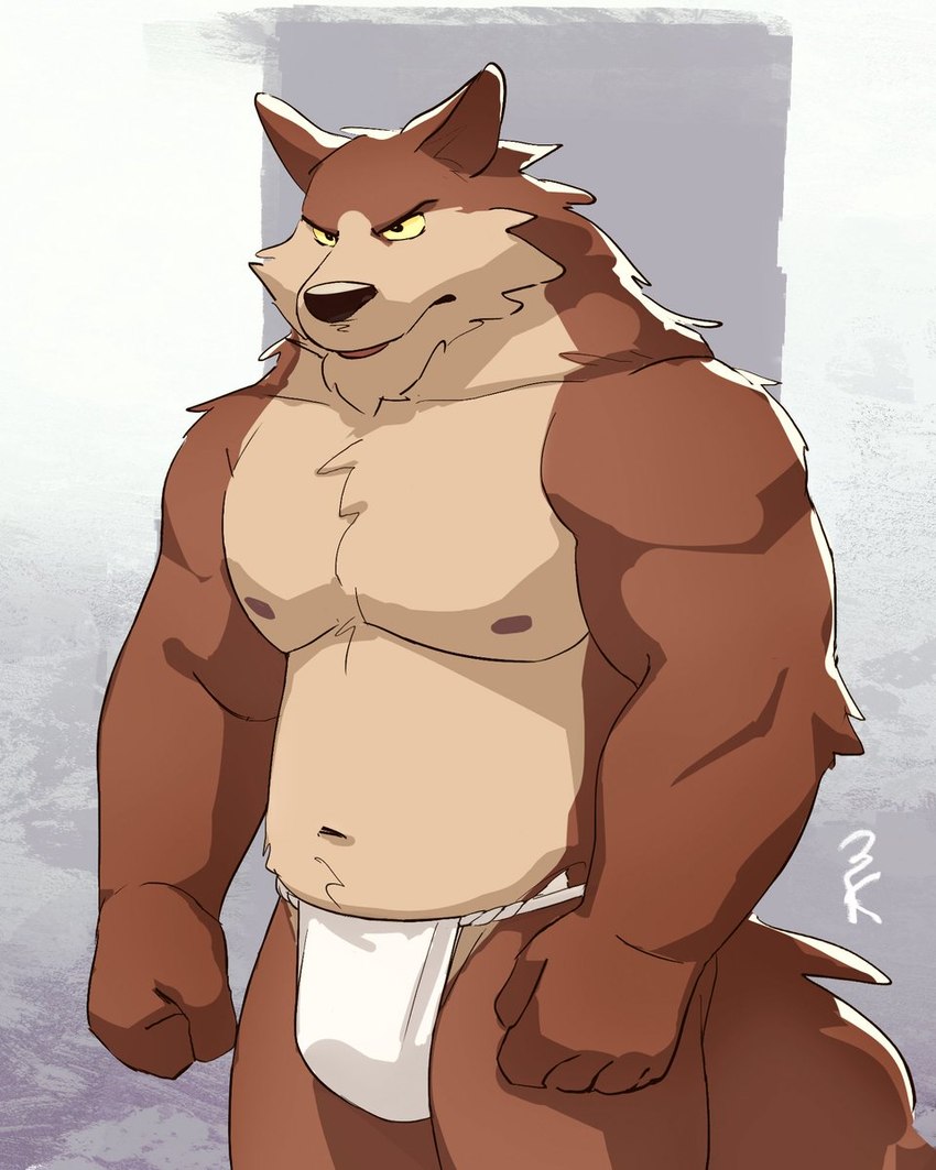 anthro asian_clothing bottomwear brown_body brown_fur bulge clothing east_asian_clothing fundoshi fur japanese_clothing male muscular muscular_male solo tan_body tan_fur tuft underwear 3000vnd canid canine canis cannie mammal wolf 4:5 hi_res