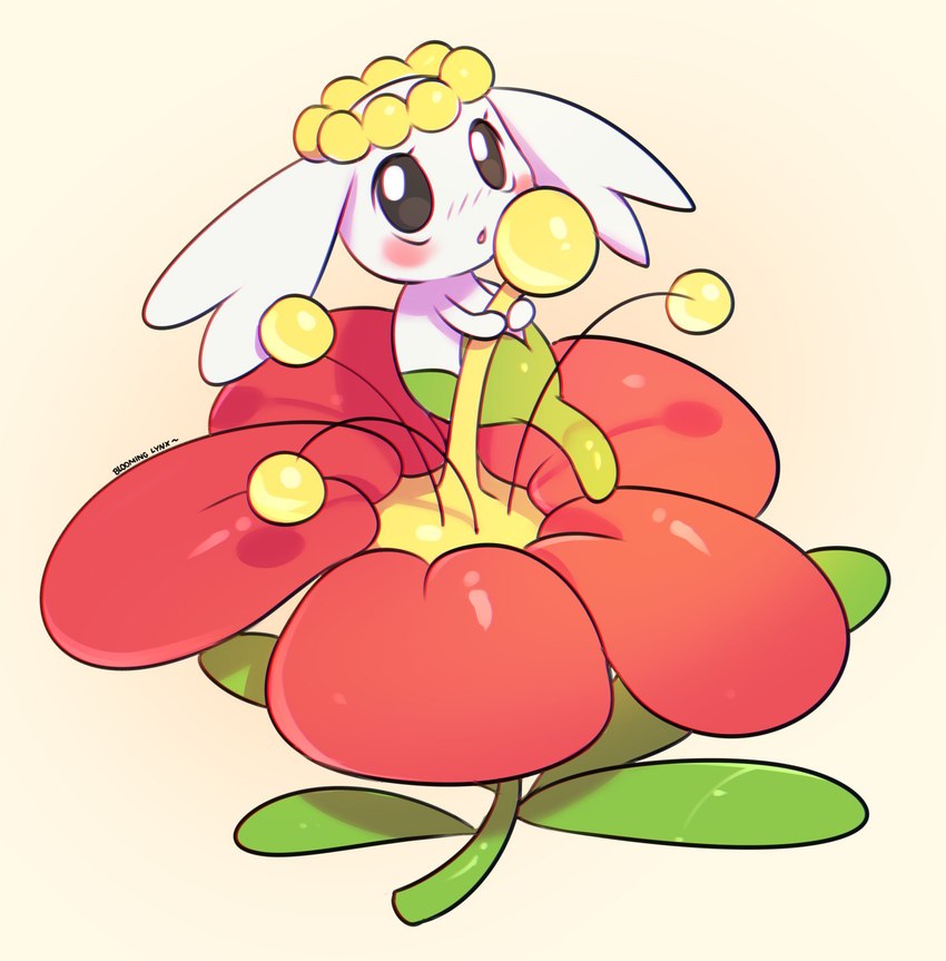 beady_eyes blush female flower glistening glistening_eyes green_body open_mouth plant red_flower simple_background solo white_background white_body white_ears bloominglynx nintendo pokemon flabebe generation_6_pokemon pokemon_(species) red_flower_flabebe 2024 hi_res signature