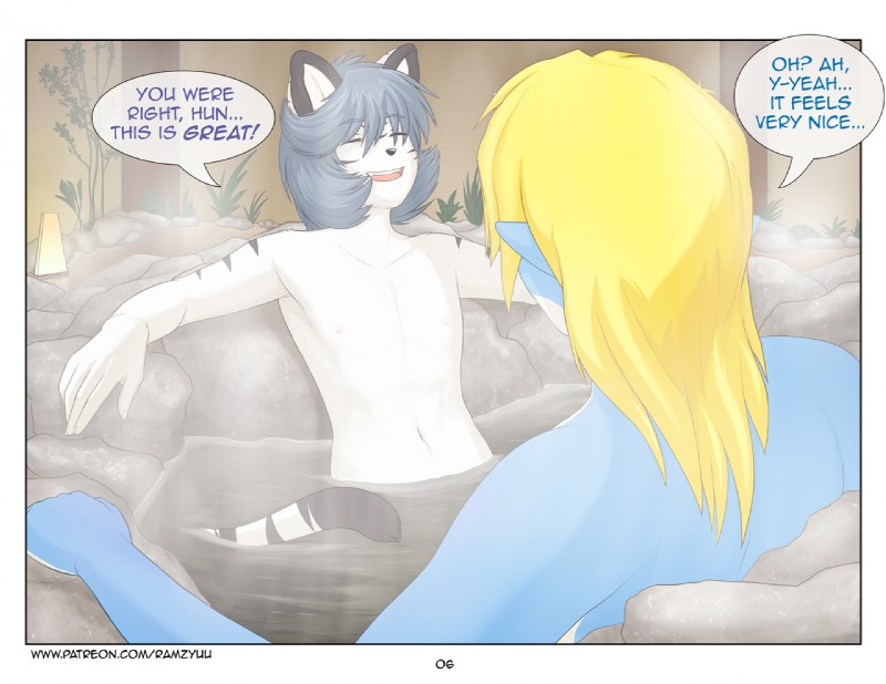 anthro blonde_hair blue_body blue_hair blue_scales dialogue femboy fur hair hot_spring hot_tub leucistic long_hair looking_pleasured male nipples nude partially_submerged scales smile steam stripes tail text water white_body white_fur ramzryu mythology chao_xiang ramzyuu_(ramzyru) dragon felid mammal mythological_creature mythological_scalie pantherine scalie tiger 2016 comic english_text