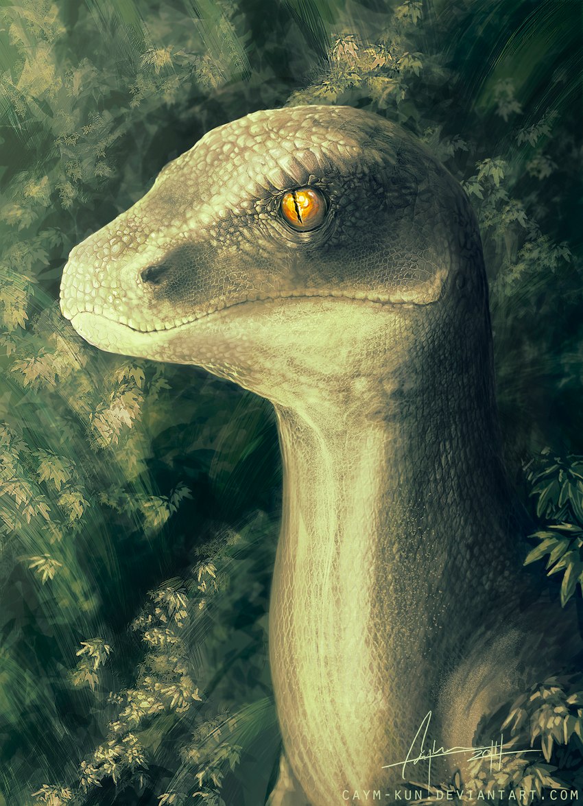 ambiguous_feral ambiguous_gender detailed_eyes detailed_scales feral glistening glistening_eyes leaf long_mouth long_neck nature nature_background orange_eyes plant pupils scales shrub side_view slit_pupils solo tan_body tan_scales caymartworks dinosaur dromaeosaurid prehistoric_species reptile scalie theropod velociraptor 2014 absurd_res bust_portrait detailed digital_media_(artwork) digital_painting_(artwork) hi_res portrait redraw restricted_palette